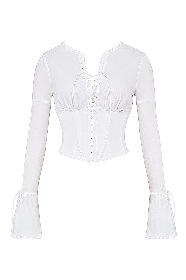 top blouses : Ella - Blouse Corset Élégante à Lacets avec Manches Évasées in van Seroa