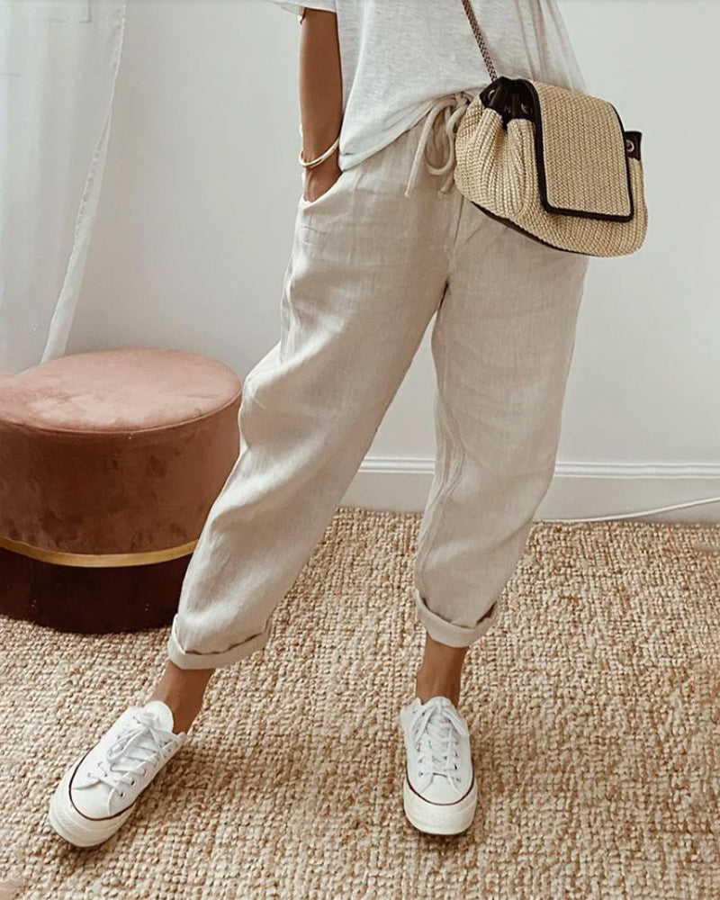 skirts : Sofie – Pantalon Décontracté en Lin à Cordon et Chevilles Ajustées in Beige van Seroa