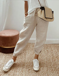 Lässige Damen-Leinenhose mit Kordelzug, eng anliegende Knöchel