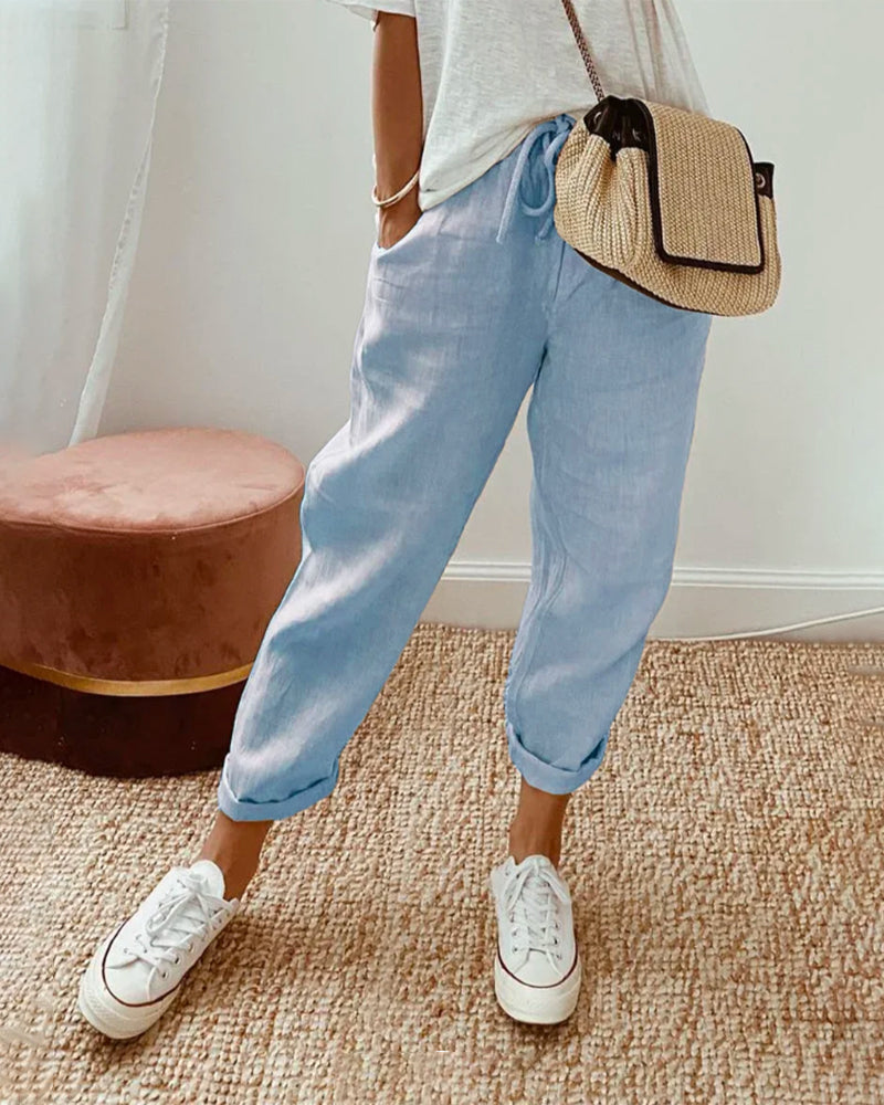 skirts : Sofie – Pantalon Décontracté en Lin à Cordon et Chevilles Ajustées in Bleu van Seroa