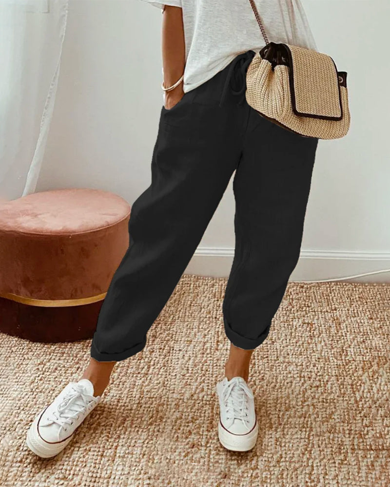 skirts : Sofie – Pantalon Décontracté en Lin à Cordon et Chevilles Ajustées in Noir van Seroa