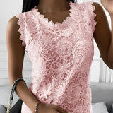 top blouses : Sophie – Blouse élégante sans manches en dentelle avec broderie florale in Rose van Seroa