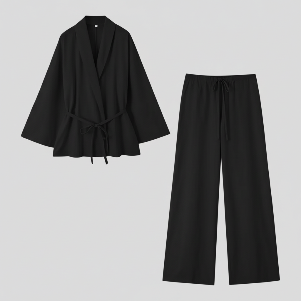 Elegancki lniany kimono damski z paskiem - idealny na lato i wiosnę
