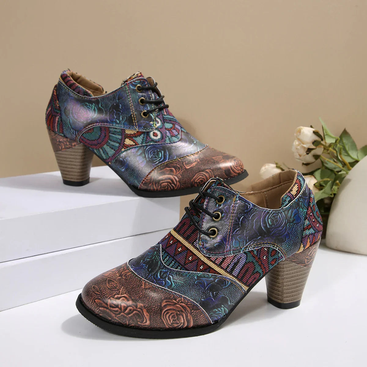 Krótki boho damskie buty ze skóry premium