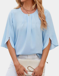 Fließende plissierte Bluse mit geschlitzten Ärmeln für Damen, Denim