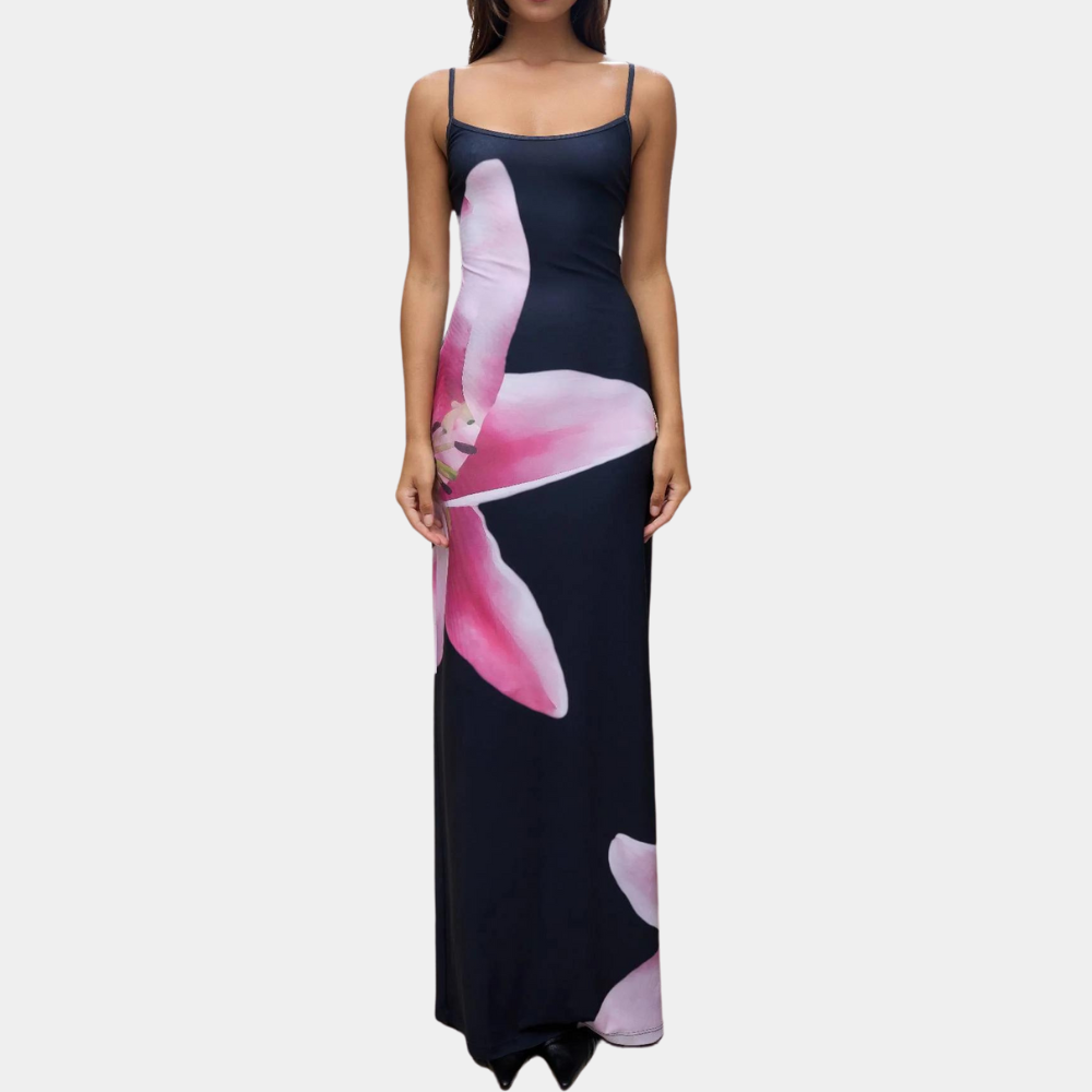 dresses : Lina - Robe longue Moulante à fines Bretelles, Imprimé Floral vibrant in Bleu van Seroa