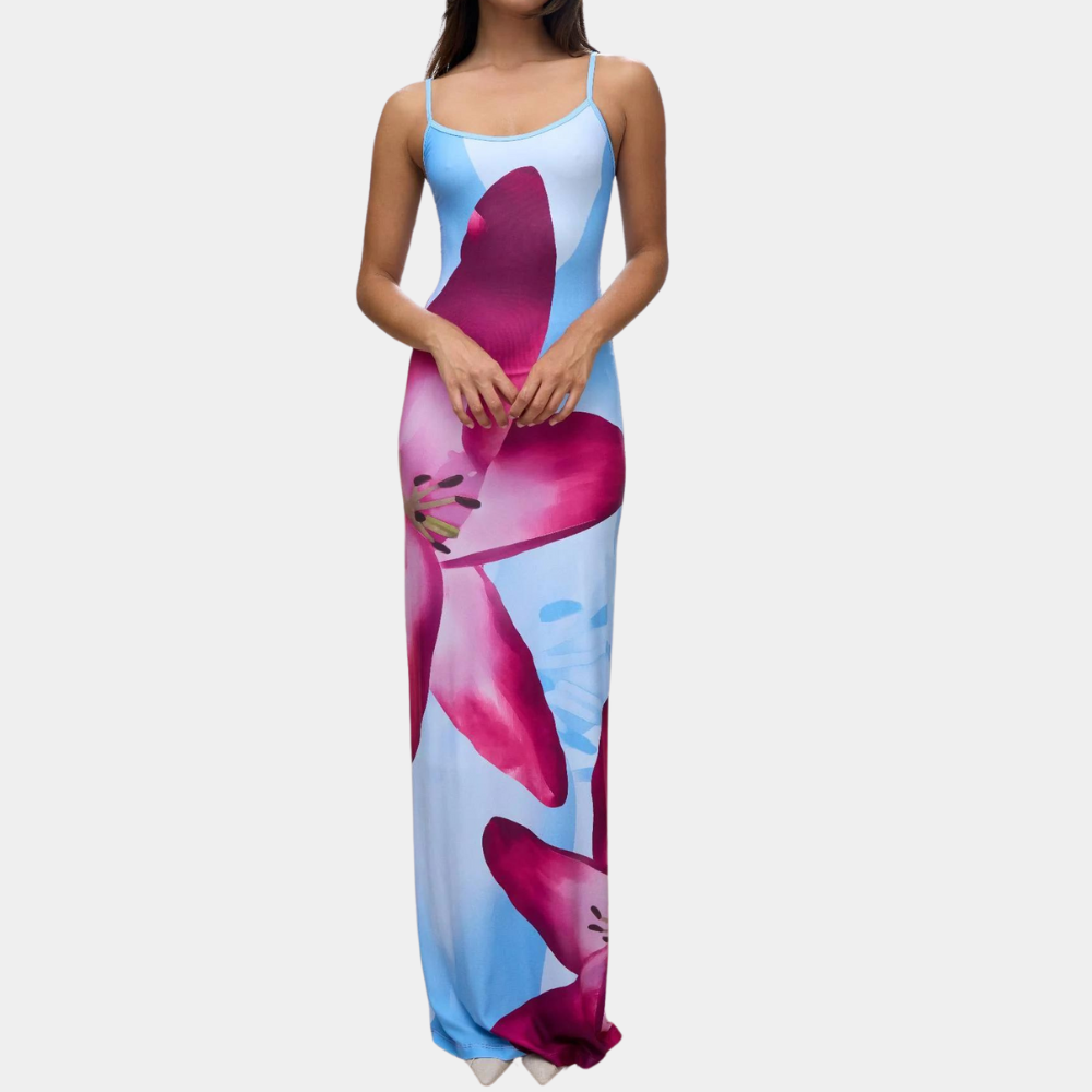 dresses : Lina - Robe longue Moulante à fines Bretelles, Imprimé Floral vibrant in Bleu ciel van Seroa