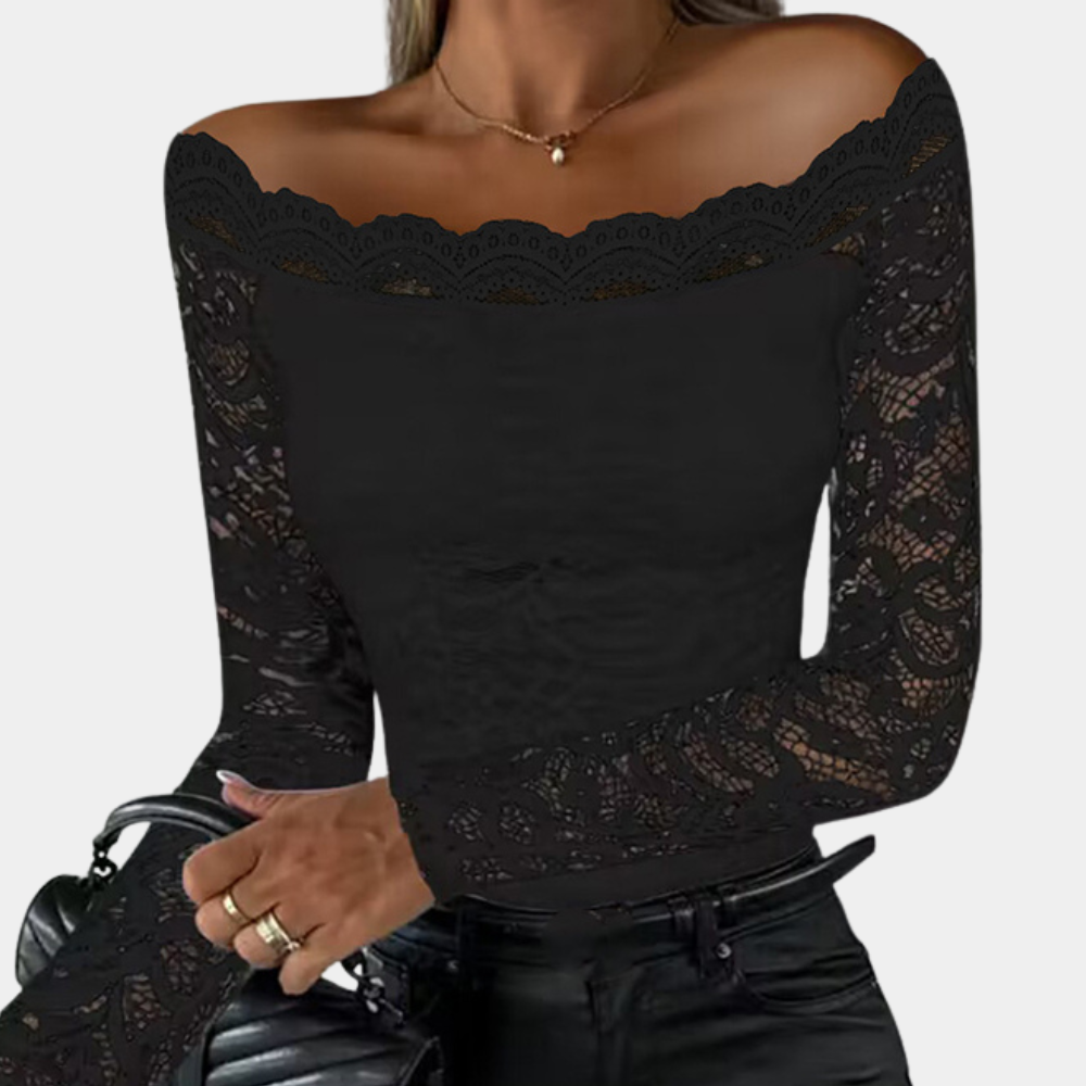 top blouses : Valeria – Blouse Élégante Épaules Dénudées en Dentelle avec Manches Longues in Noir van Seroa