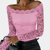top blouses : Valeria – Blouse Élégante Épaules Dénudées en Dentelle avec Manches Longues in Rose van Seroa