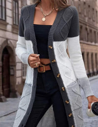 Gilet Femme Long Color Block Maille Cardigan Chaleur
