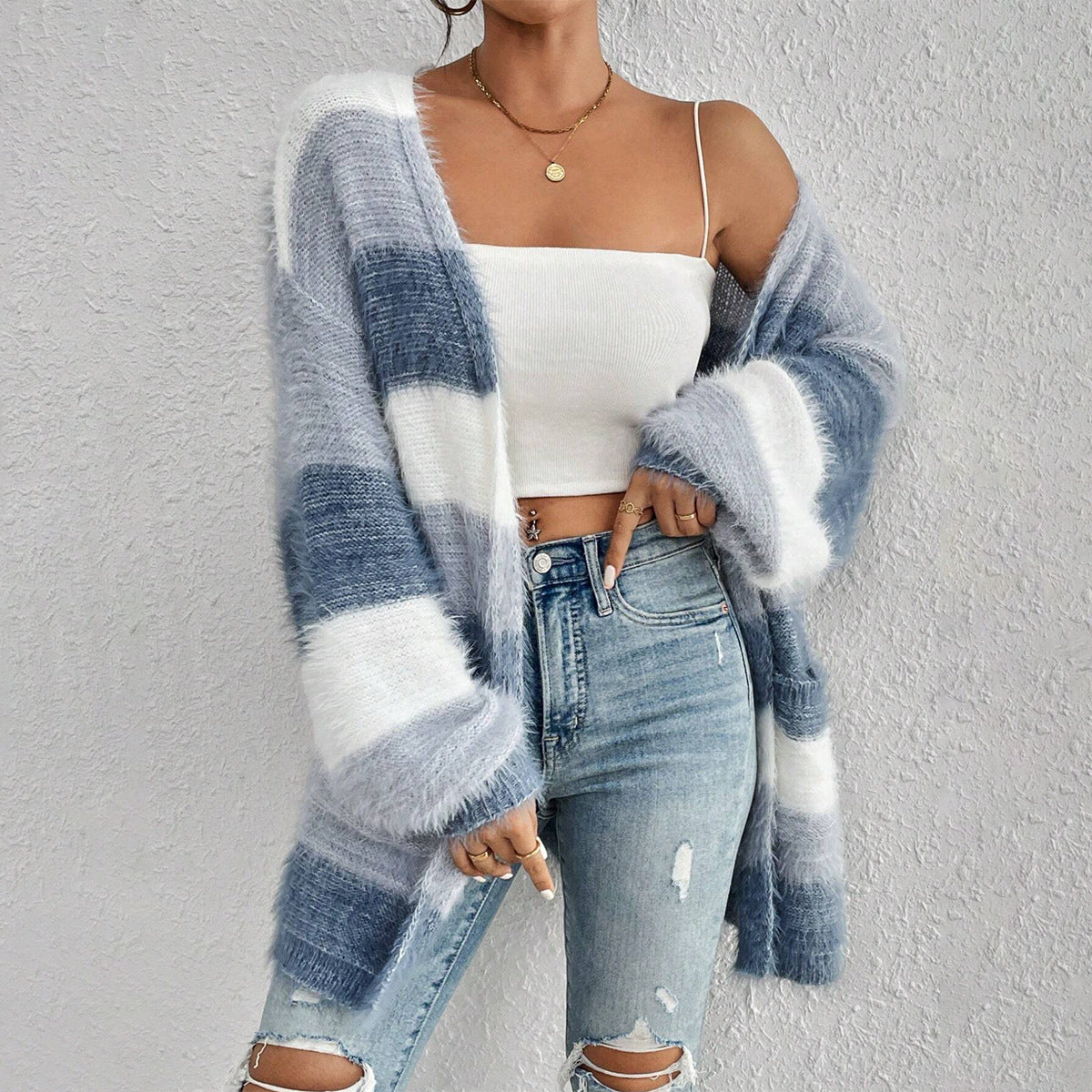 Cardigan Femme Surdimensionné Élégant à Rayures 1