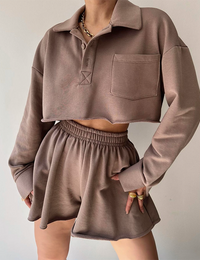 Damen-Set mit kurzem, weichem Baumwollpullover, Oversize