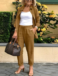 Damen elegantes Leinen-Baumwoll-Set mit Hose & fließendem Hemd Beige S-XL