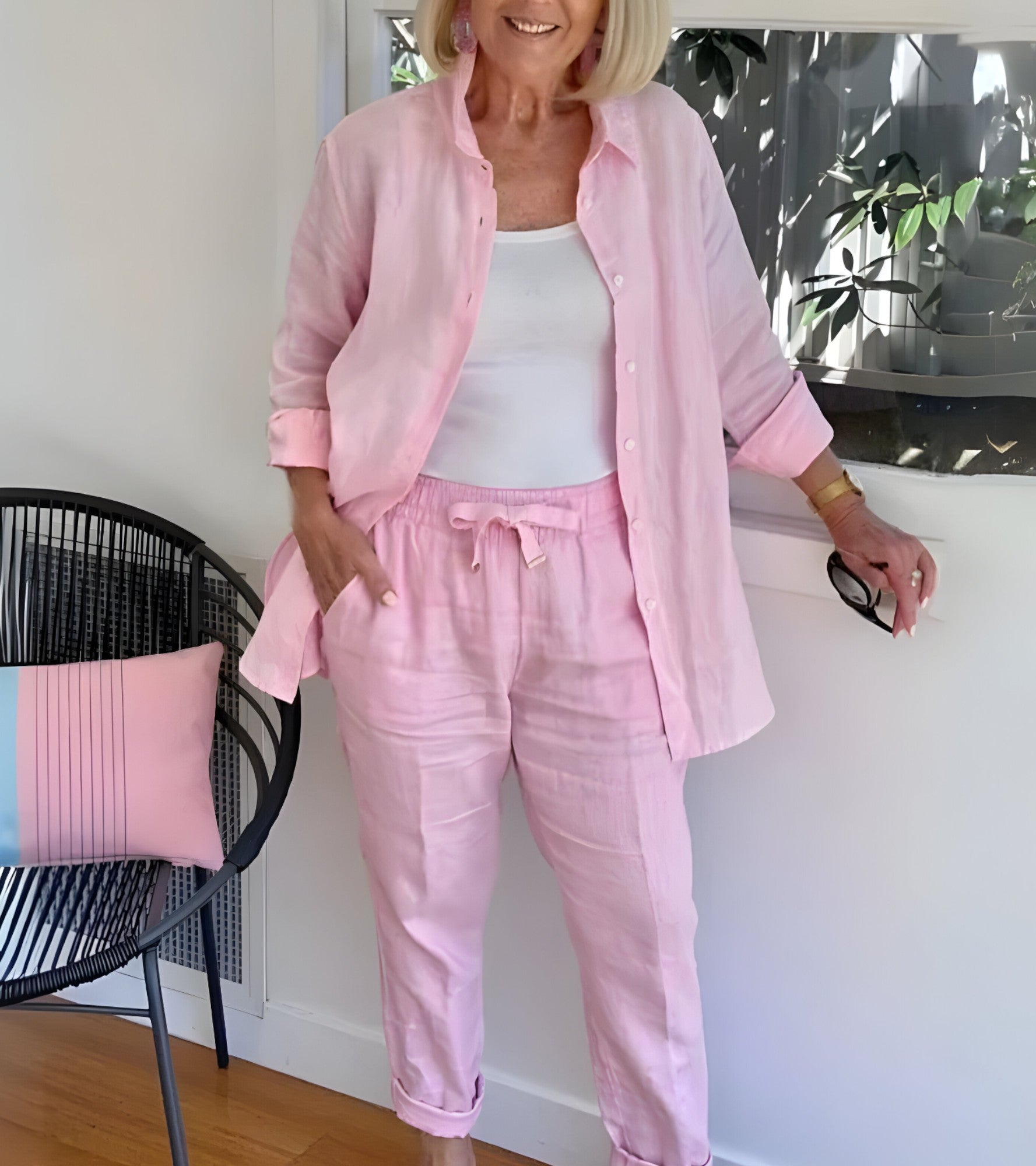 Damski elegancki zestaw lniano-bawełniany spodnie i lekka koszula beżowy S-XL