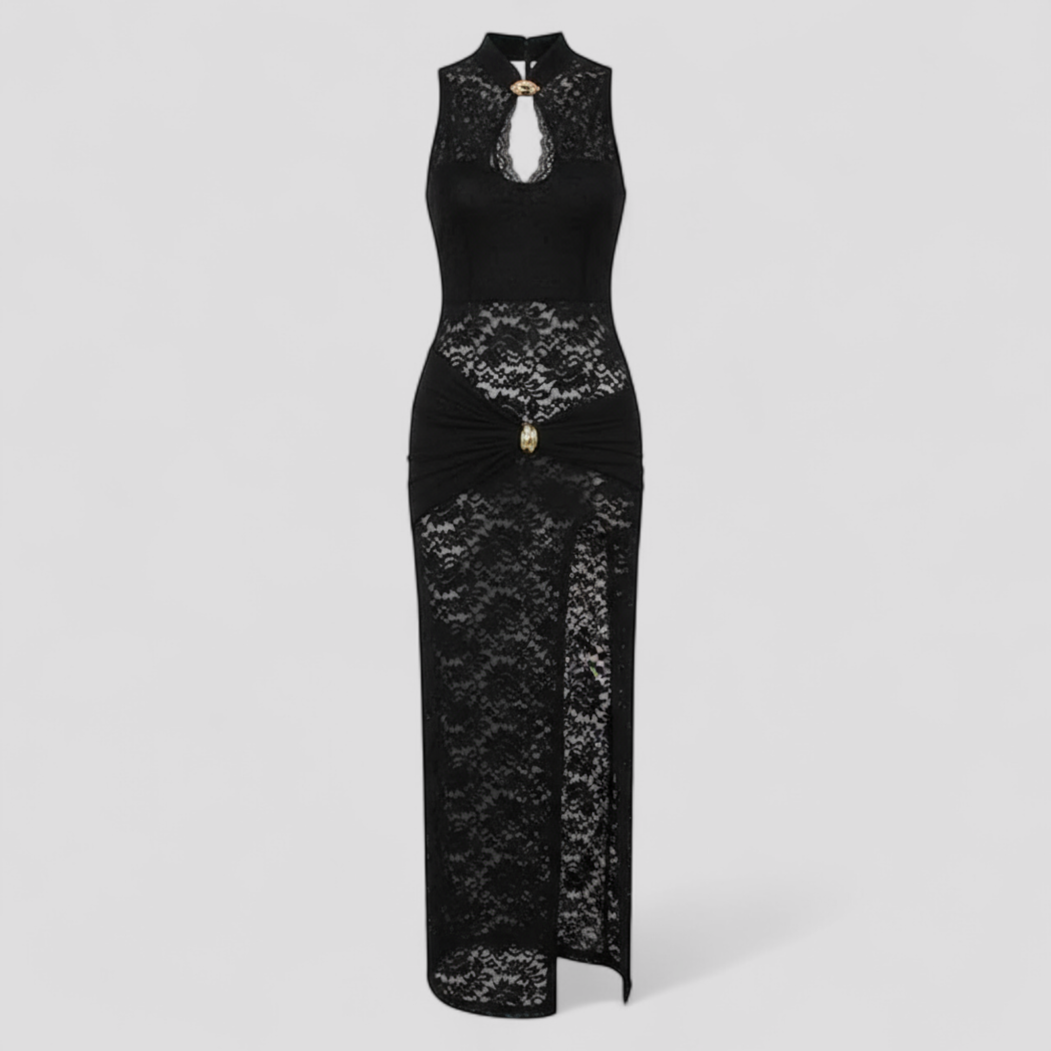 Lara – Robe de Soirée Élégante en Dentelle Transparente avec Fente Haute