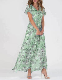 Maxikleid Damen Sommer Blumenmuster Chiffon Fließend - Sommerliche Eleganz