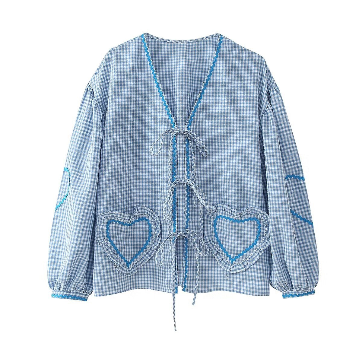 top blouses : Lina - Adorable Top à Carreaux Vichy avec Manches Bouffantes et Poches en Cœur in Bleu van Seroa