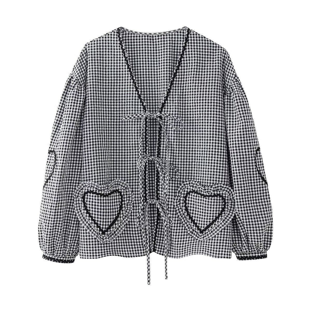 top blouses : Lina - Adorable Top à Carreaux Vichy avec Manches Bouffantes et Poches en Cœur in Noir van Seroa