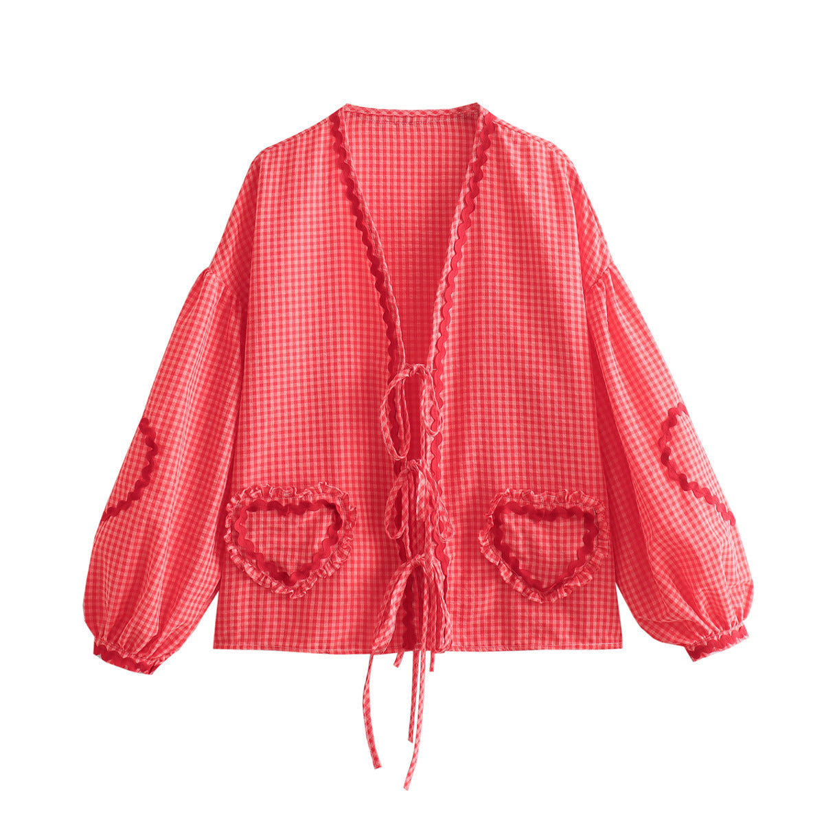 top blouses : Lina - Adorable Top à Carreaux Vichy avec Manches Bouffantes et Poches en Cœur in Rouge van Seroa