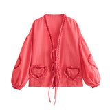 top blouses : Lina - Adorable Top à Carreaux Vichy avec Manches Bouffantes et Poches en Cœur in Rouge van Seroa