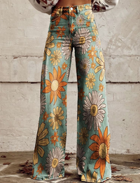 Fließende Damenhose mit floralem Muster, feminine Mode, einzigartiges Blumenmotiv