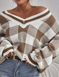 Damenpullover mit V-Ausschnitt, kariert, leger, Strick
