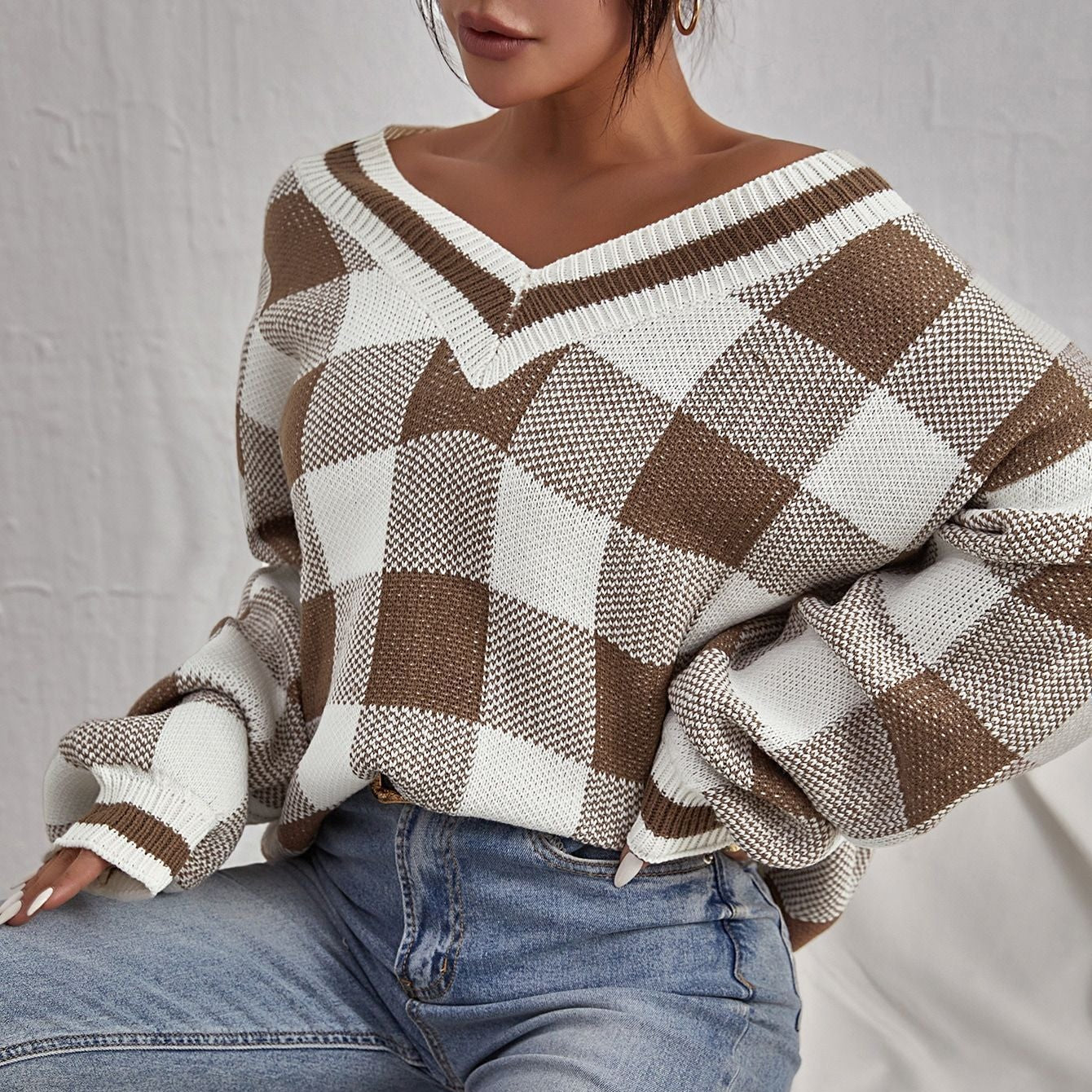 Pull Femme Col V Plaid Décontracté 3