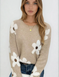 Lässiger Damenpullover mit Blumenmustern, Strick