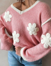 Damenpullover mit V-Ausschnitt und Blumenmuster, modisch feminin