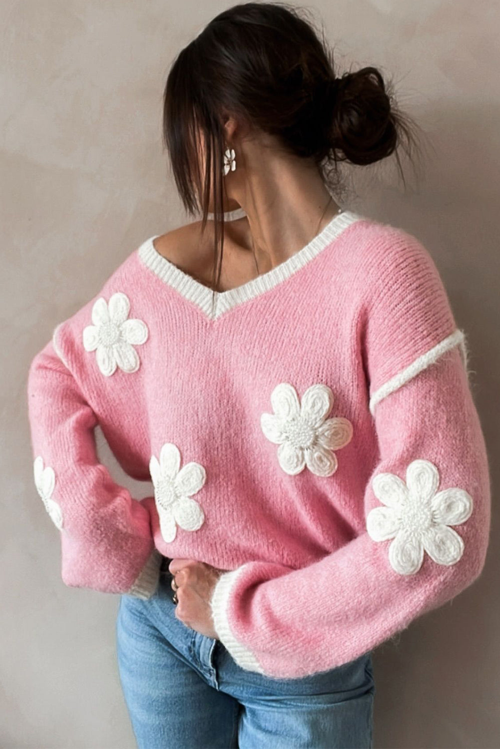 Pull Femme Élégant à Col V Fleuri 1