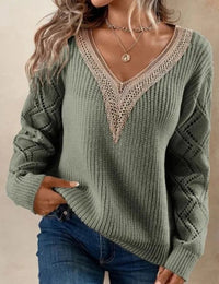 Eleganter Pullover mit V-Ausschnitt Spitze und langen Ärmeln für Damen