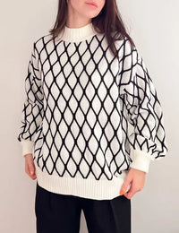 Eleganter Damenpullover mit Rautenmuster, Rollkragen, Herbst-Winter-Mode