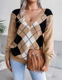 Damenpullover mit V-Ausschnitt und Struktur, Strick Herbstkollektion