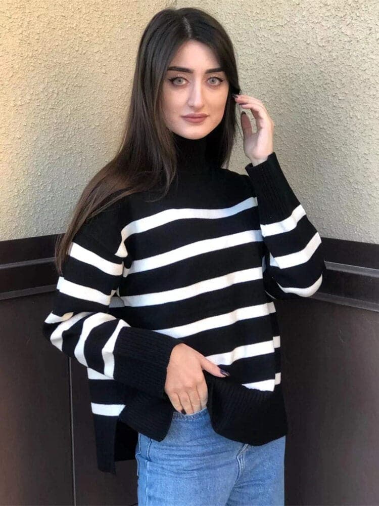 Pull Femme Oversize à Col Haut Rayé 4