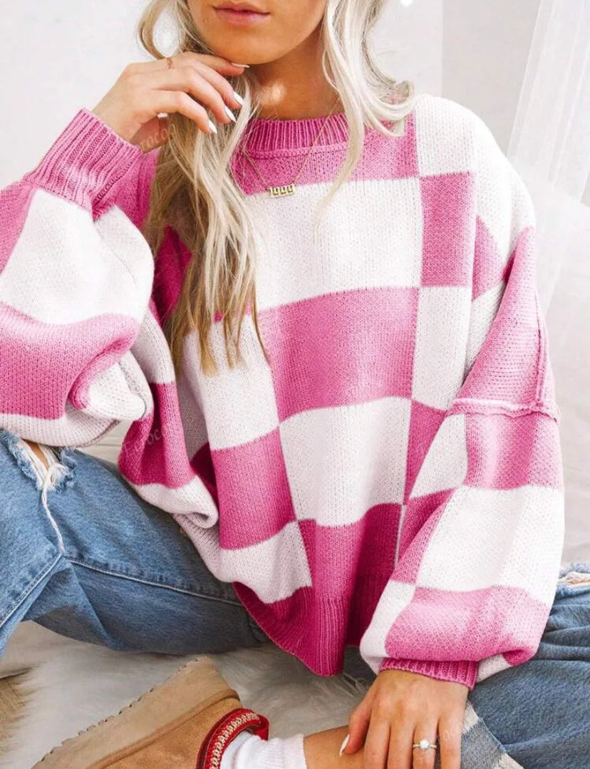 Pull Femme Plaid Bicolore Décontracté 0