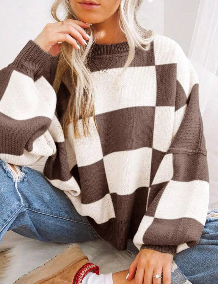 Pull Femme Plaid Bicolore Décontracté 12