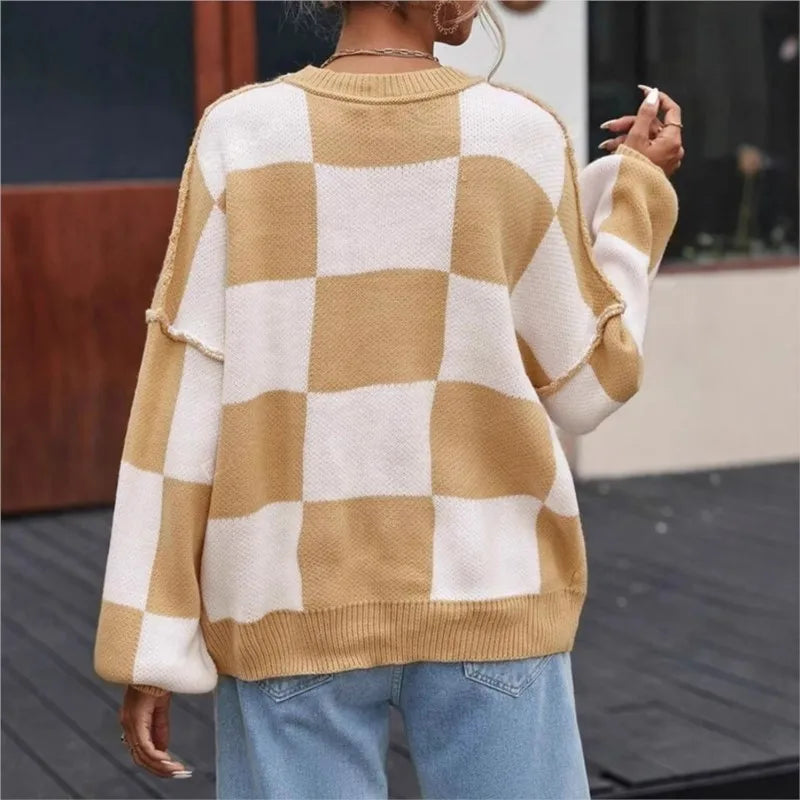 Pull Femme Plaid Bicolore Décontracté 3