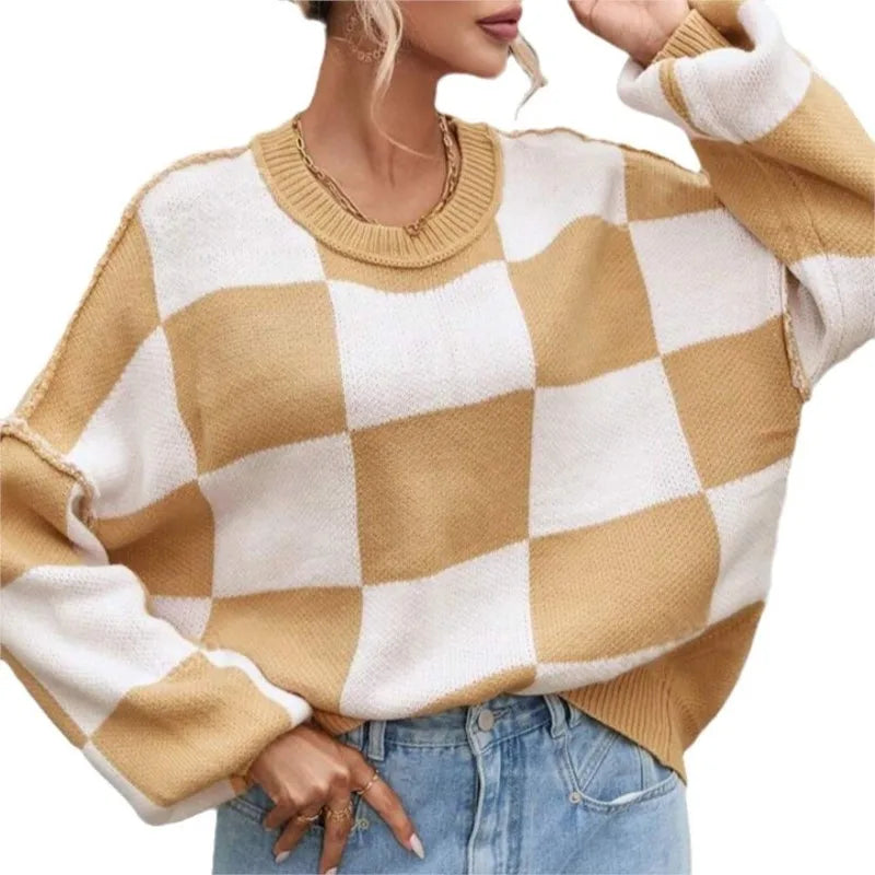 Pull Femme Plaid Bicolore Décontracté 4