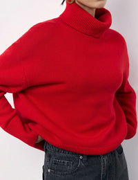 Pull Femme Surdimensionné Rouge à Col Roulé Maille