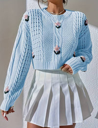 Damenpullover Zopfmuster mit Bestickten Blumen Strick