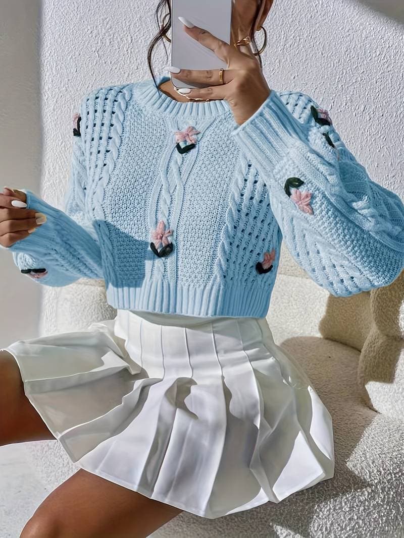 Pull Femme Torsadé avec Fleurs Brodées 1