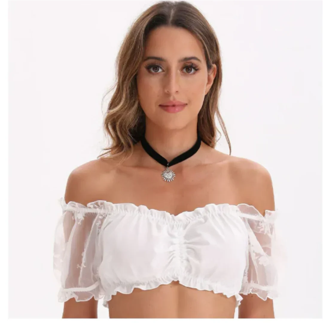 top blouses : Mia - Blouse courte en dentelle, col V et Manches Transparentes in Blanc 3 van Seroa