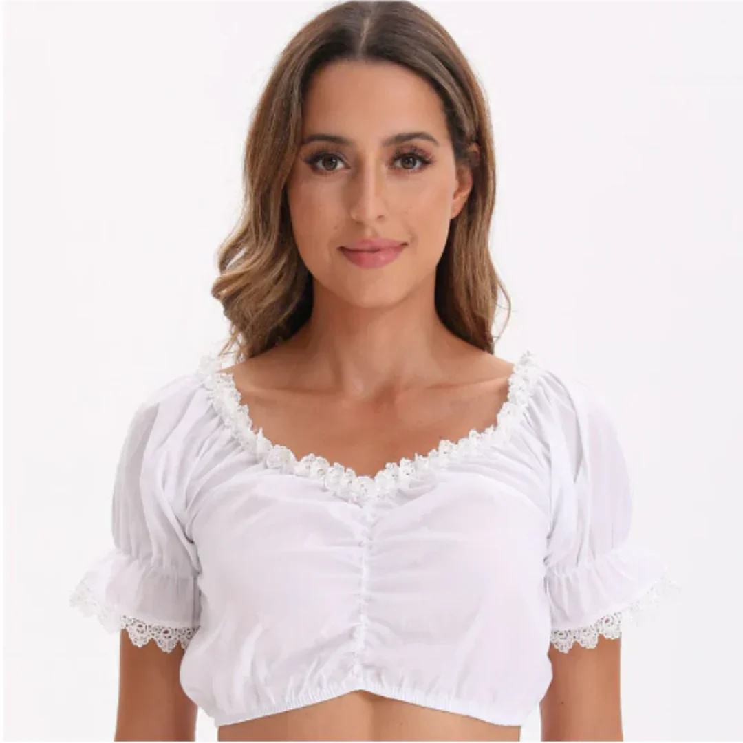 top blouses : Mia - Blouse courte en dentelle, col V et Manches Transparentes in Blanc 1 van Seroa
