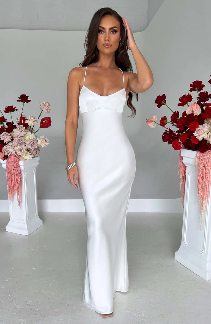 dresses : Nomi | Robe Longue Femme en Satin Élastique in Blanc van Seroa