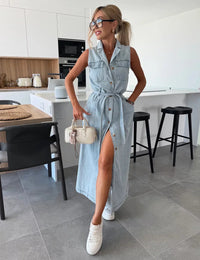 Ärmelloses langes Denim-Kleid für Damen
