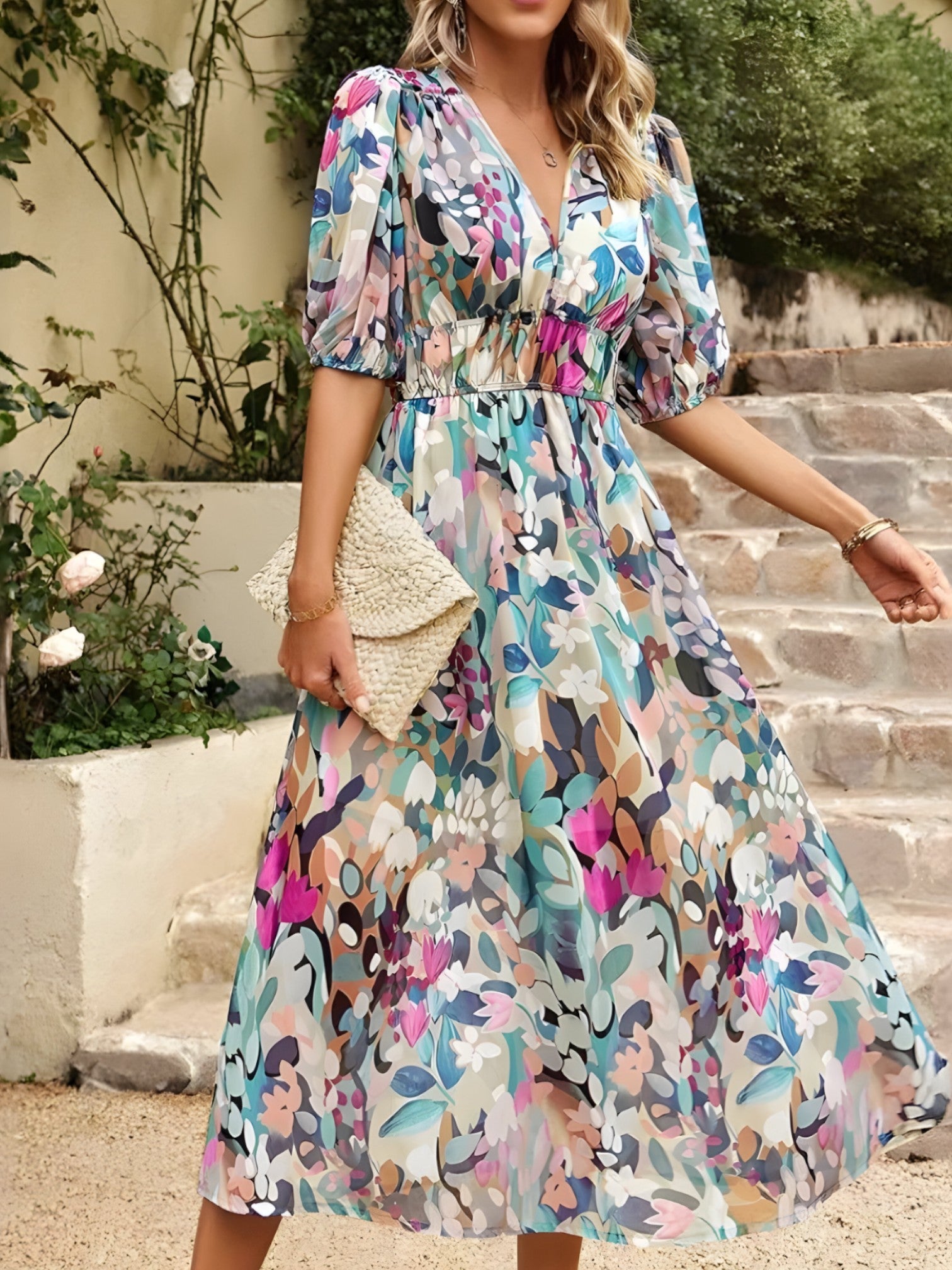 Zwiewna sukienka midi damska elegancka, optymalny komfort, luźny krój