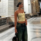 top blouses : Bustier Crop Top Doré Vintage Sans Bretelles in van Seroa