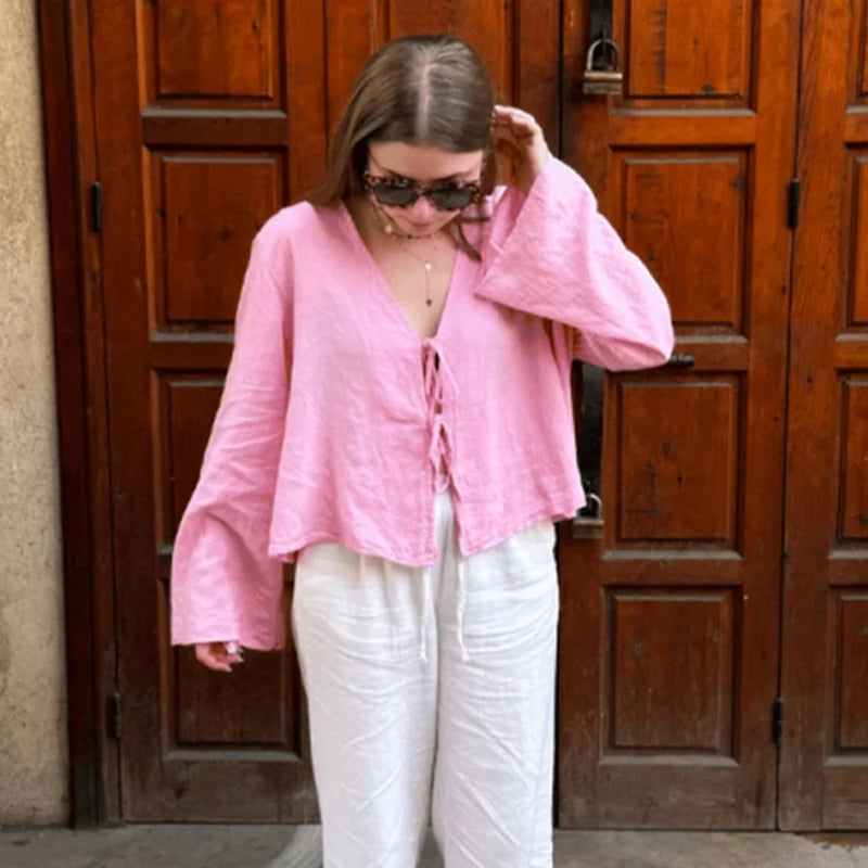 top blouses : Blouse Chique en Lin Vert à Manches Longues et Col V in Rose van Seroa