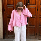 top blouses : Blouse Chique en Lin Vert à Manches Longues et Col V in Rose van Seroa