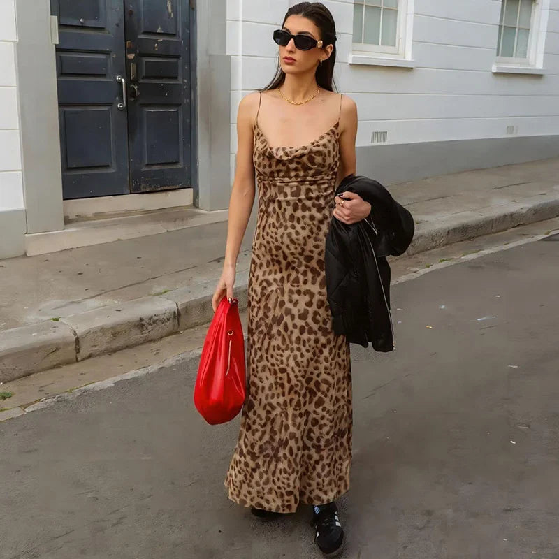 dresses : Clara - Robe Maxi Tendance à Imprimé Léopard avec Bretelles Fines in van Seroa